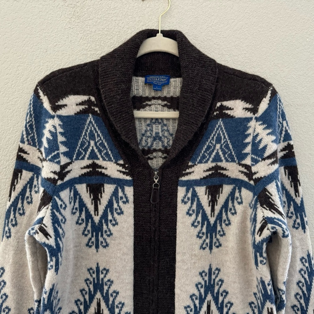 Pendleton Cardigan Sweater Wool Alpaca Knit Aztec Southwestern Country Blue L - Picture 3 of 8